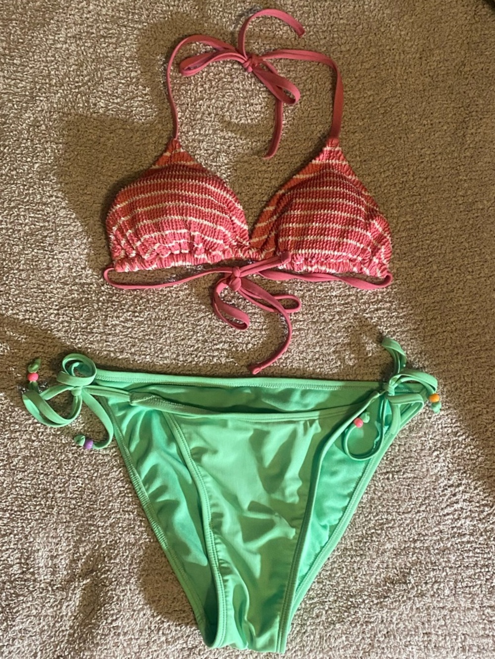 Pink Crochet Triangle Bikini Top with Mint Tie-Side Bikini Bottom